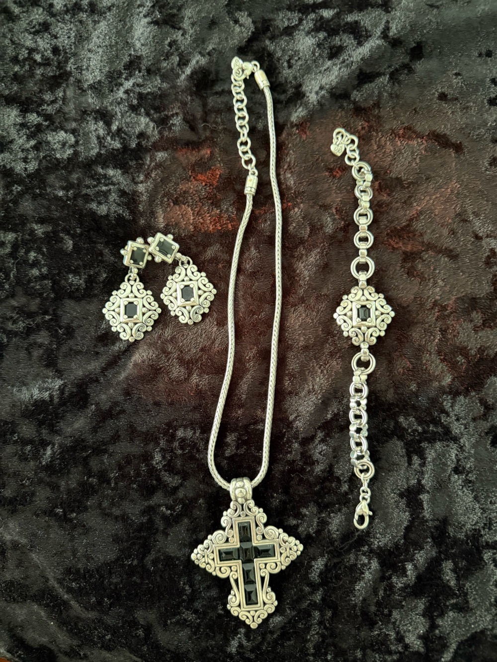 Brighton Silver and Black Ornate Necklace, Bracelet & Earrings Set